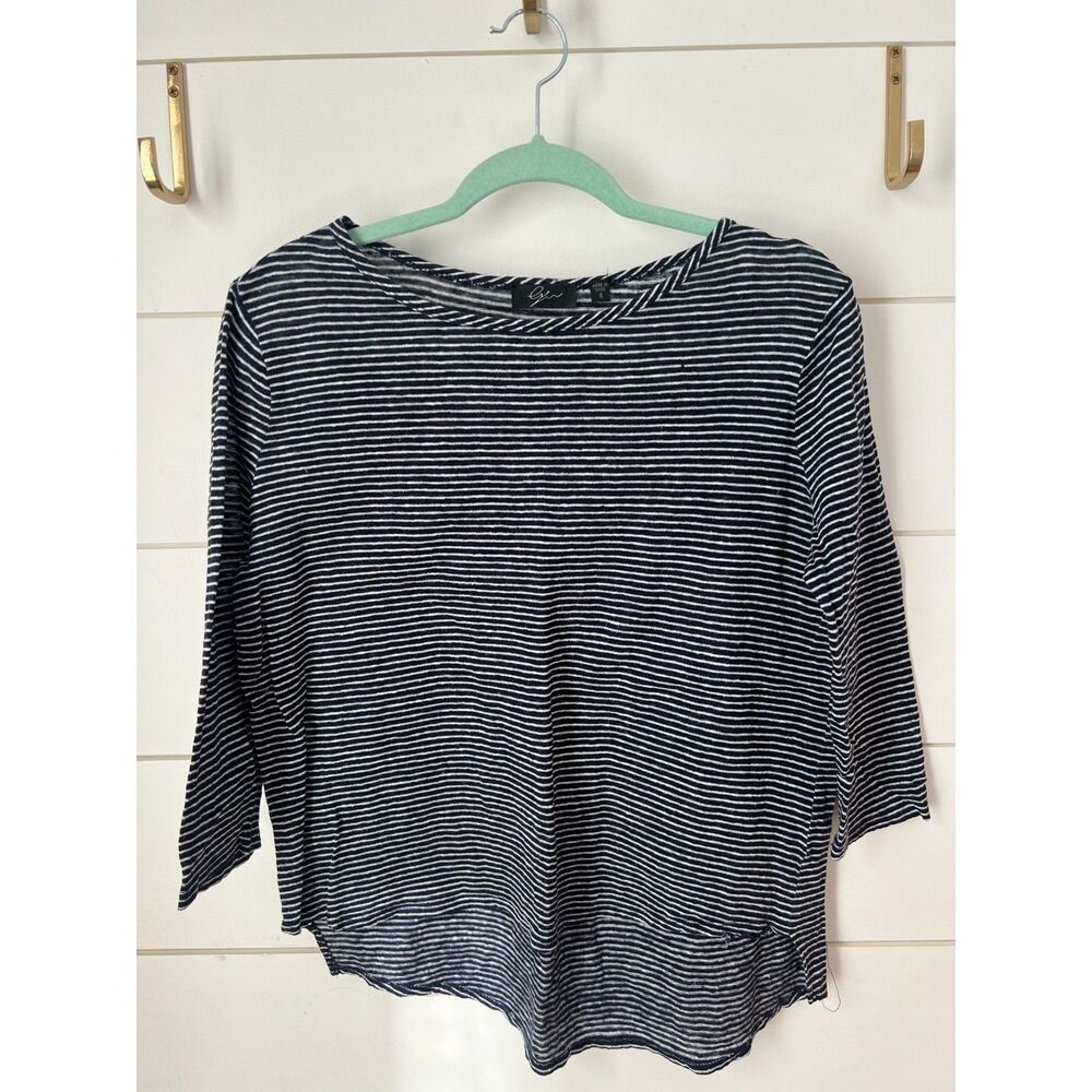 Striped 100% Linen top w/Hi-lo hem